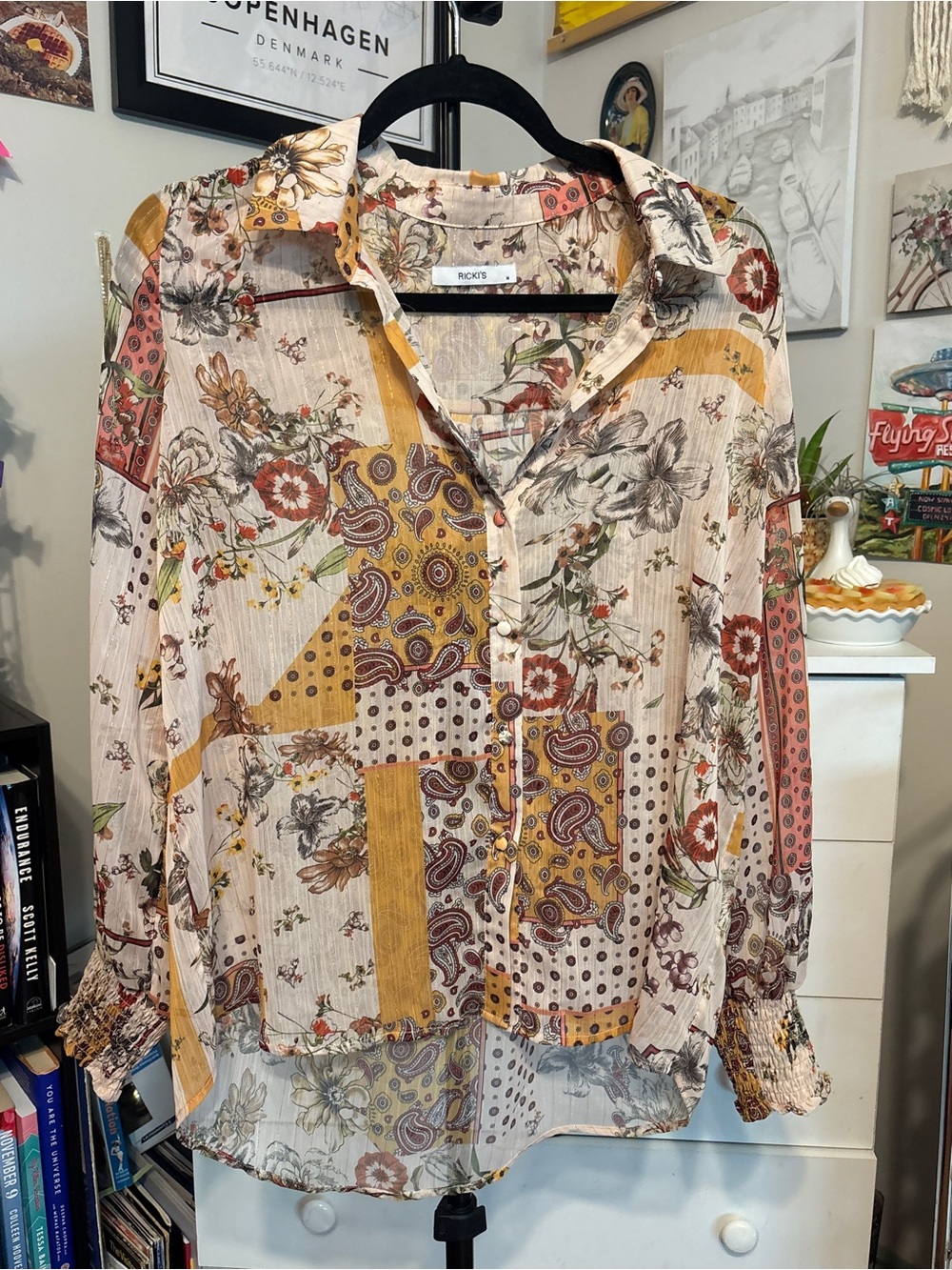Ricki's Patchwork Floral Button-Down Blouse in Beige, Mustard and Rust